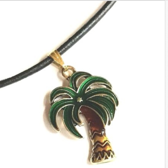 Gold Coconut Palm Tree Necklace Island Beach 21" Green Enamel Black Leather Cord - Picture 2 of 8